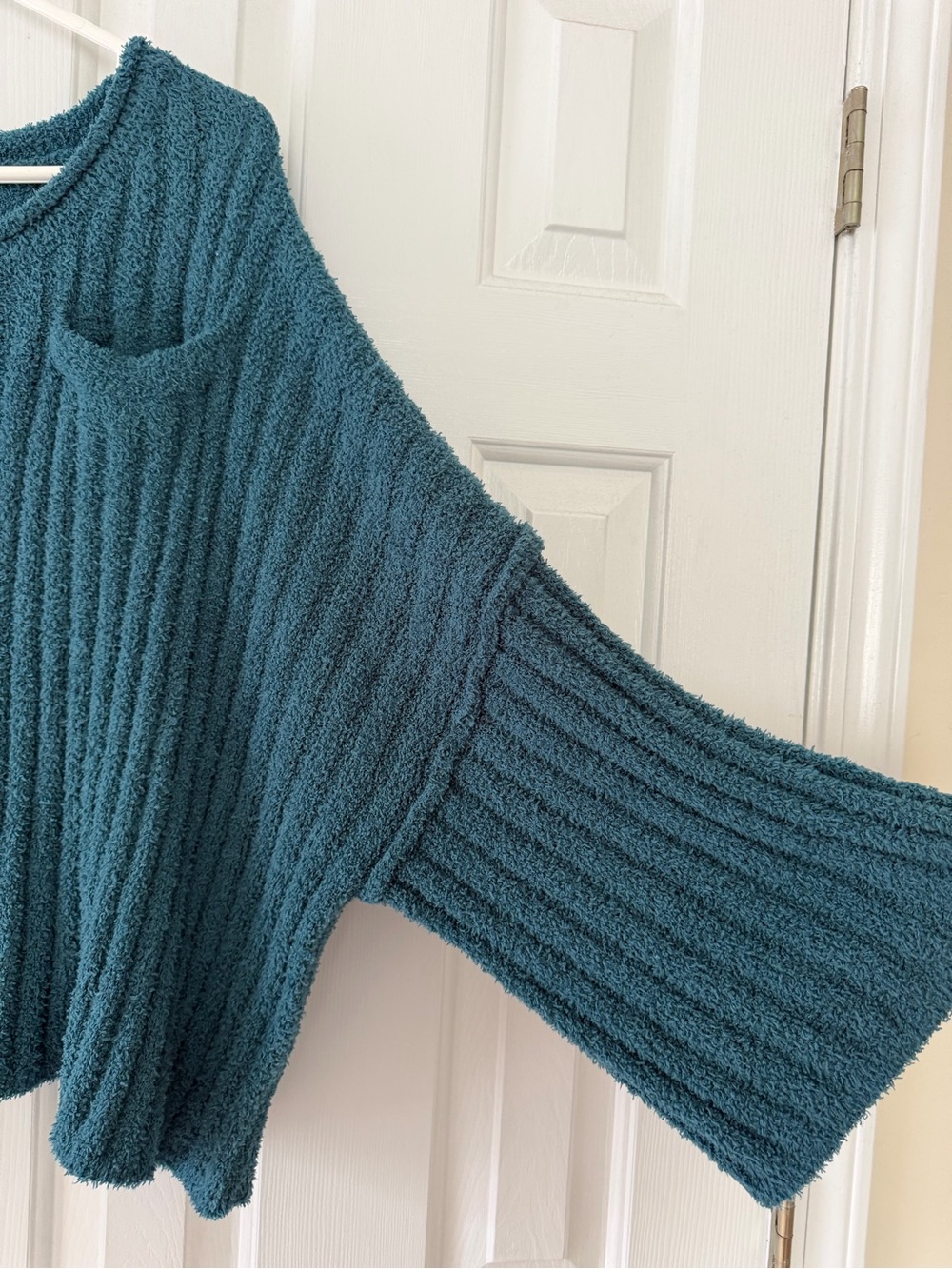 POL Teal Ribbed Off-Shoulder Sweater with Pocket